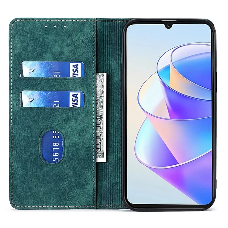 For Honor X7a 5G RFID Blocking Protective Cover Magnetic Leather Wallet Phone Stand Case - Green