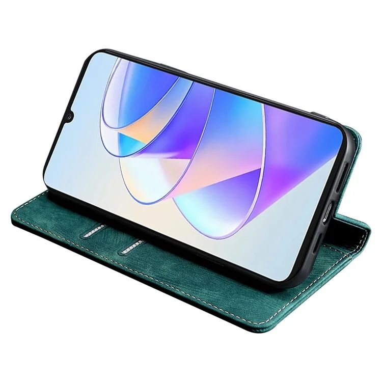 For Honor X7a 5G RFID Blocking Protective Cover Magnetic Leather Wallet Phone Stand Case - Green