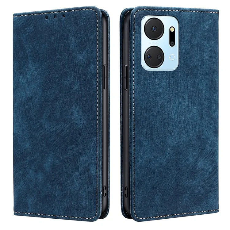 For Honor X7a 5G RFID Blocking Protective Cover Magnetic Leather Wallet Phone Stand Case - Blue