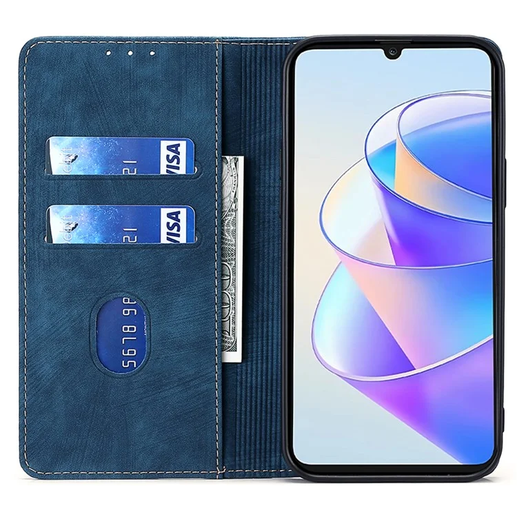 For Honor X7a 5G RFID Blocking Protective Cover Magnetic Leather Wallet Phone Stand Case - Blue