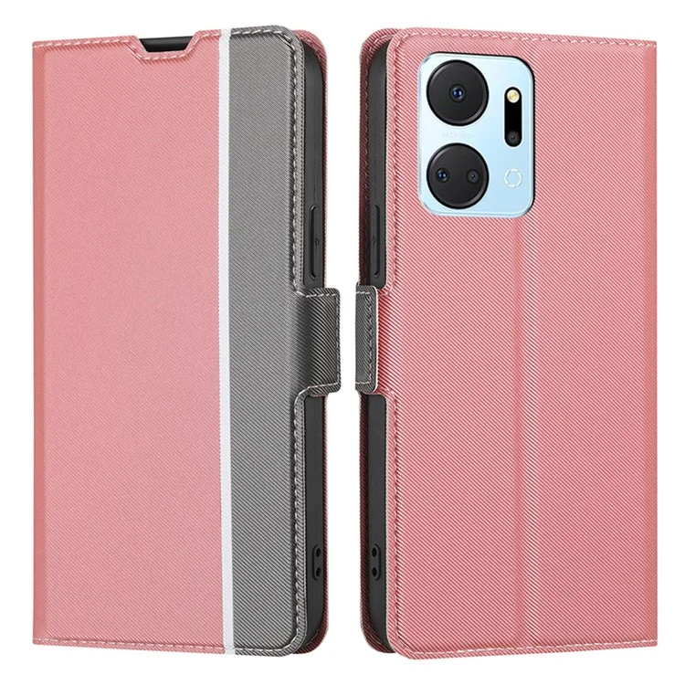 For Honor X7a 5G Cell Phone Leather Case Card Holder Stand Twill Texture Phone Cover - Pink