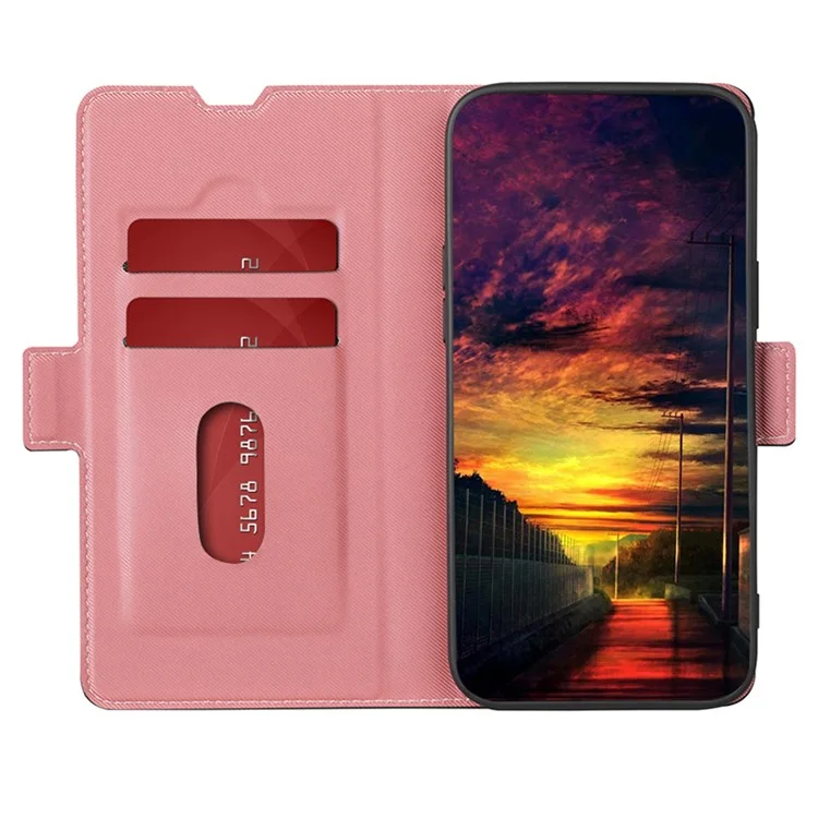 For Honor X7a 5G Cell Phone Leather Case Card Holder Stand Twill Texture Phone Cover - Pink