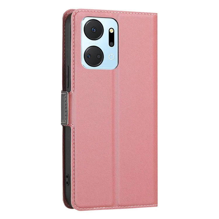For Honor X7a 5G Cell Phone Leather Case Card Holder Stand Twill Texture Phone Cover - Pink