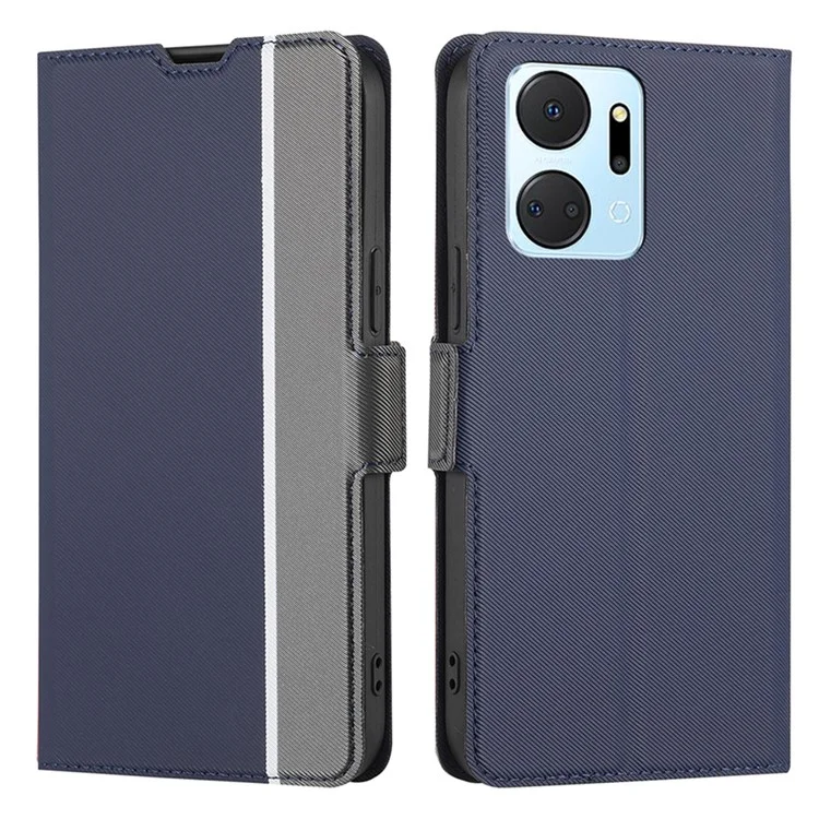 For Honor X7a 5G Cell Phone Leather Case Card Holder Stand Twill Texture Phone Cover - Blue