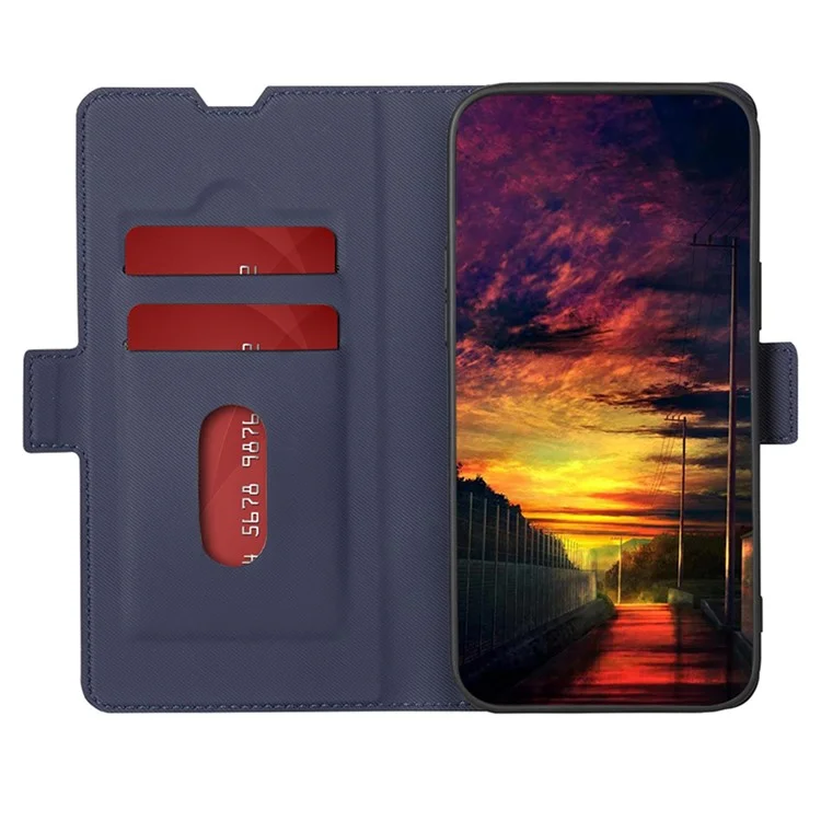 For Honor X7a 5G Cell Phone Leather Case Card Holder Stand Twill Texture Phone Cover - Blue