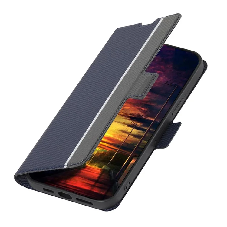 For Honor X7a 5G Cell Phone Leather Case Card Holder Stand Twill Texture Phone Cover - Blue