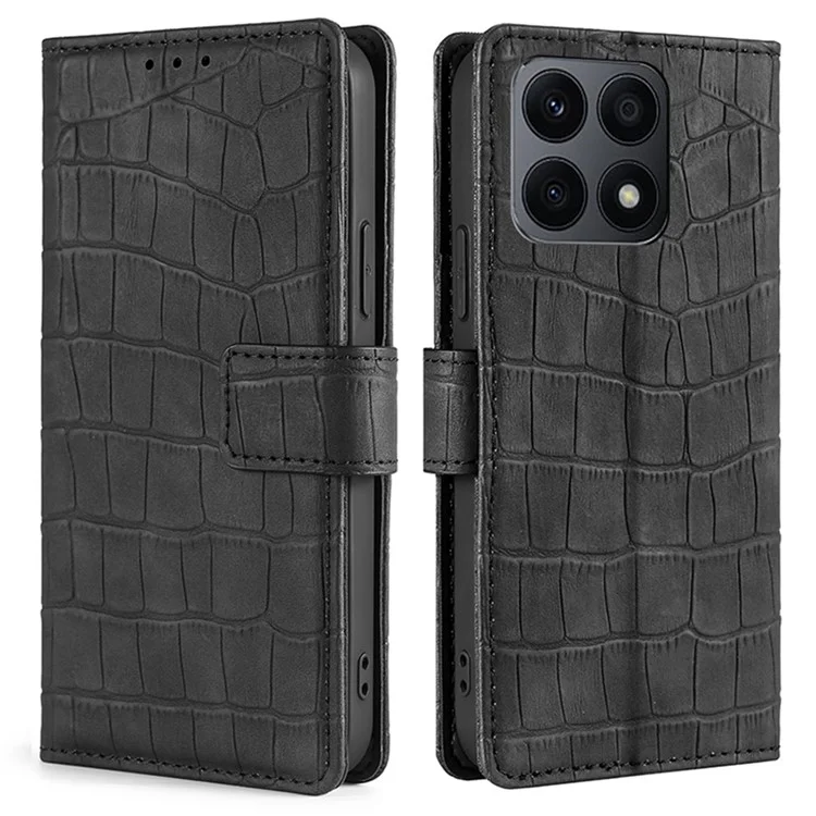 For Honor X8a 4G Skin-friendly Wallet Stand Phone Case Crocodile Texture PU Leather Phone Cover - Black
