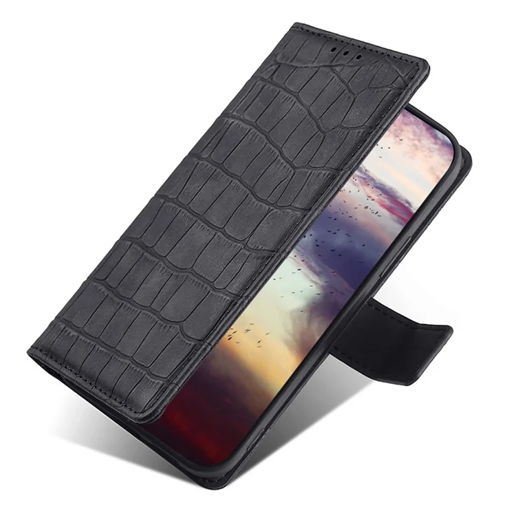 For Honor X8a 4G Skin-friendly Wallet Stand Phone Case Crocodile Texture PU Leather Phone Cover - Black