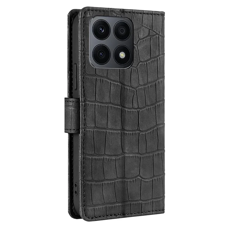 For Honor X8a 4G Skin-friendly Wallet Stand Phone Case Crocodile Texture PU Leather Phone Cover - Black