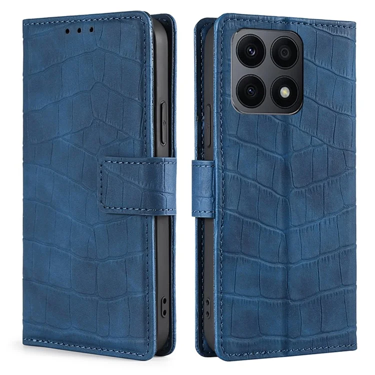For Honor X8a 4G Skin-friendly Wallet Stand Phone Case Crocodile Texture PU Leather Phone Cover - Blue