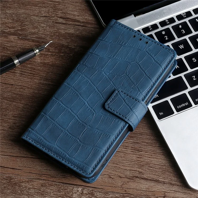 For Honor X8a 4G Skin-friendly Wallet Stand Phone Case Crocodile Texture PU Leather Phone Cover - Blue