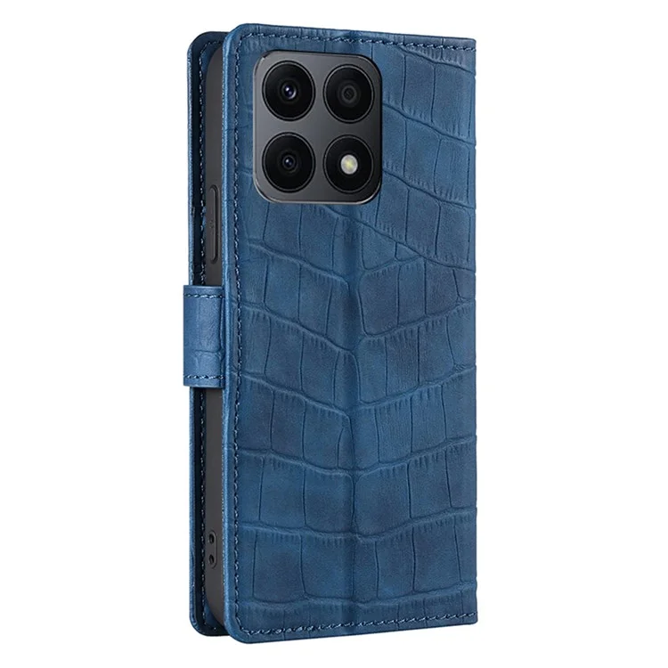 For Honor X8a 4G Skin-friendly Wallet Stand Phone Case Crocodile Texture PU Leather Phone Cover - Blue