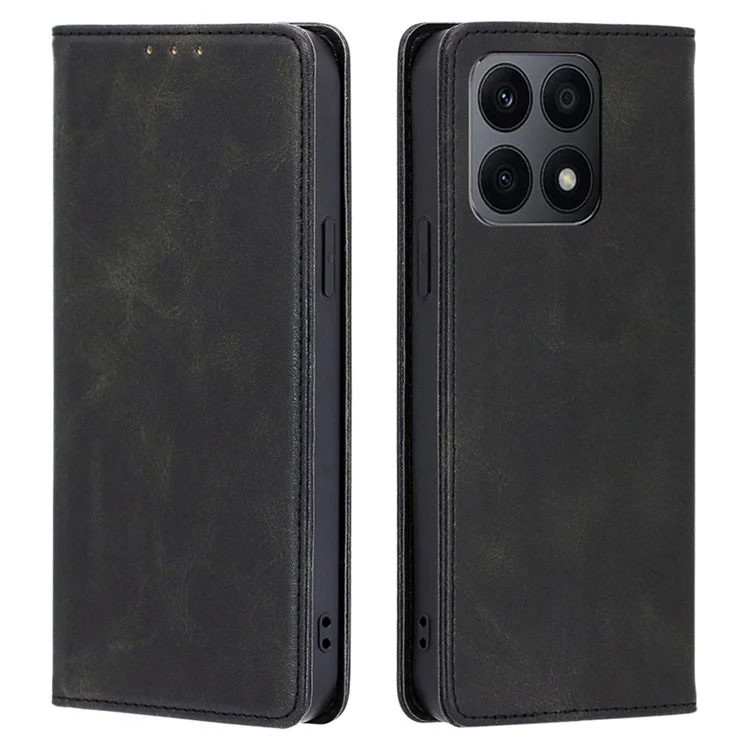 Funda de teléfono de cuero de poliuretano + TPU con soporte para Honor X8a 4G, textura de ternera, cierre magnético antirrecaída - Negro