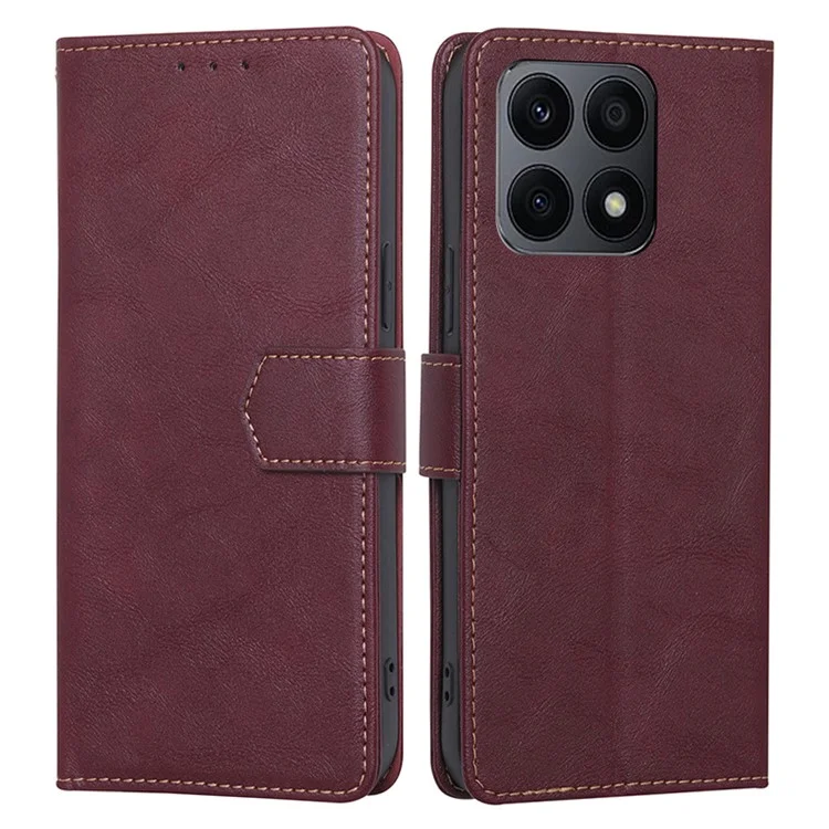 RFID Blocking Cell Phone Case for Honor X8a 4G , Cowhide Texture PU Leather Wallet Stand Cover - Wine Red