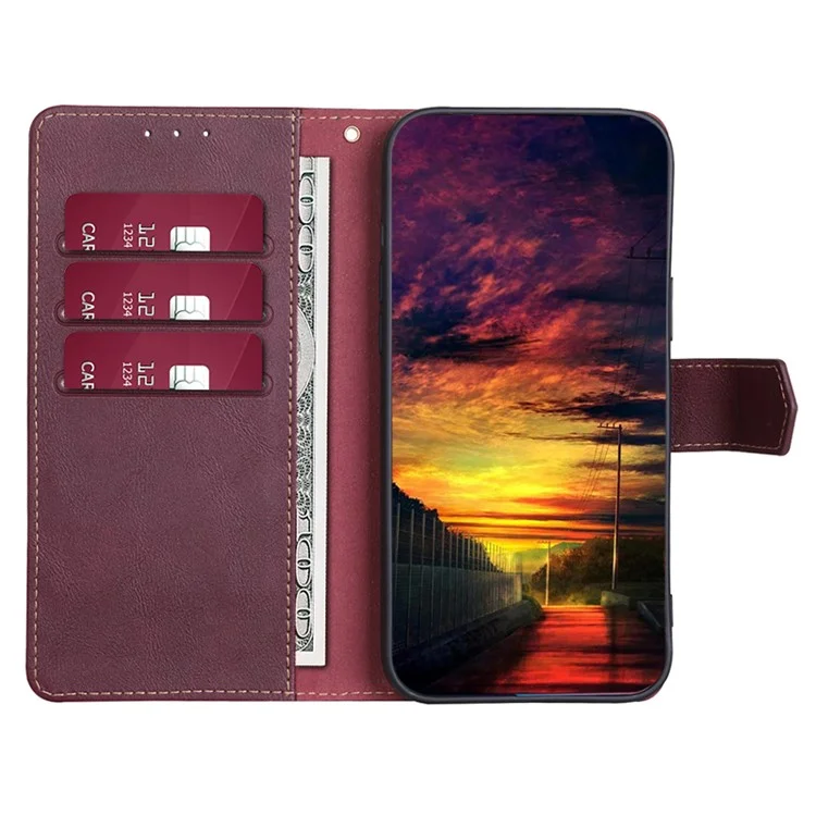 RFID Blocking Cell Phone Case for Honor X8a 4G , Cowhide Texture PU Leather Wallet Stand Cover - Wine Red