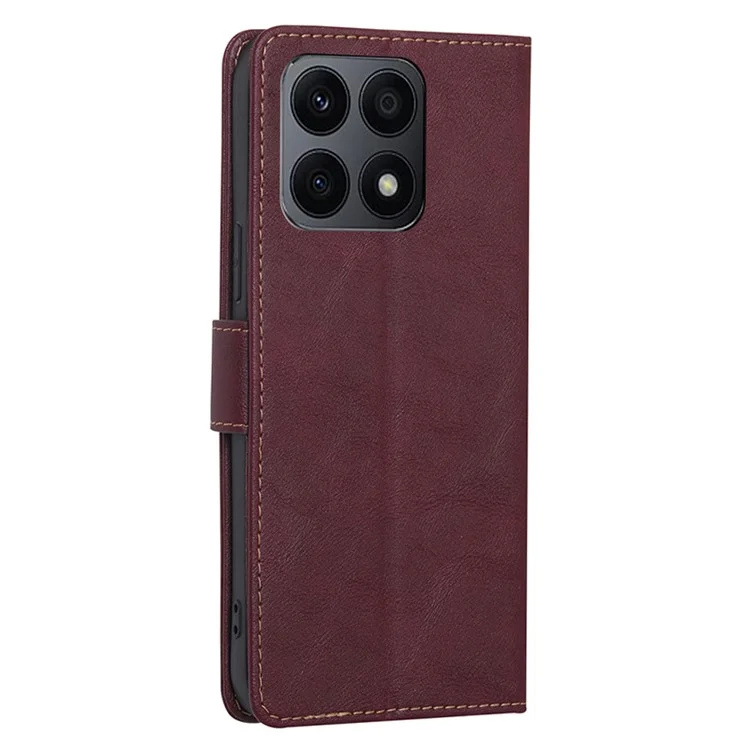 RFID Blocking Cell Phone Case for Honor X8a 4G , Cowhide Texture PU Leather Wallet Stand Cover - Wine Red