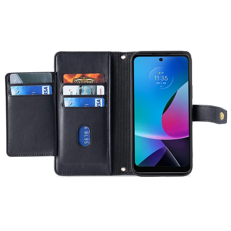 Для Motorola Moto G Play (2023) 4G Чехол-кошелек с застежкой-молнией, противоударный, складной, с подставкой, кожаный, с 2 ремешками - черный
