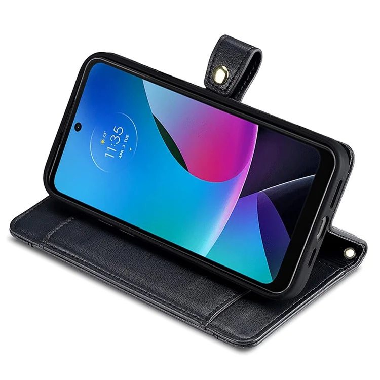 Для Motorola Moto G Play (2023) 4G Чехол-кошелек с застежкой-молнией, противоударный, складной, с подставкой, кожаный, с 2 ремешками - черный