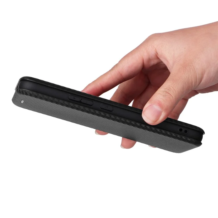 Per Samsung Galaxy M14 5G Custodia in Pelle Anti-caduta Texture in Fibra di Carbonio Supporto per Telefono con Porta Carte - Nero