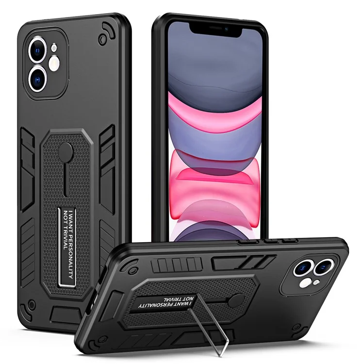 Kickstand Cell Phone Case for iPhone 11 Ring Strap TPU+PC Shockproof Protective Phone Cover - Black