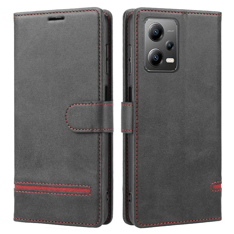 Für Xiaomi Redmi Anmerkung 12 5G (indien) / 12 5G (China) / Poco X5 5G Horizontale Leitungsleder -hülle Wallet Wallet Abdeckung - Schwarz