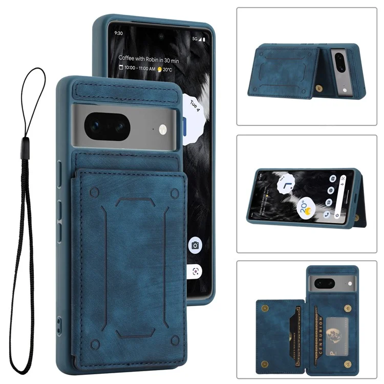 Für Google Pixel 7 5G Doppelkartenhalter PU Lederbeschichtete TPU -telefonhülle Kickstand Magnetic Cover - Blau