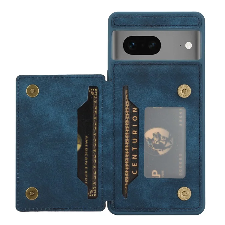 Für Google Pixel 7 5G Doppelkartenhalter PU Lederbeschichtete TPU -telefonhülle Kickstand Magnetic Cover - Blau