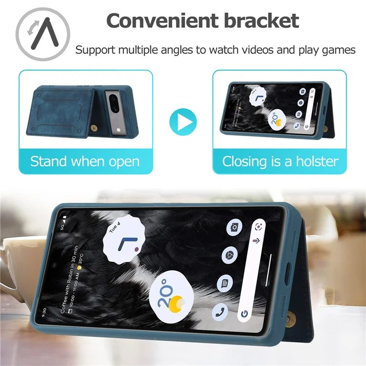 Für Google Pixel 7 5G Doppelkartenhalter PU Lederbeschichtete TPU -telefonhülle Kickstand Magnetic Cover - Blau