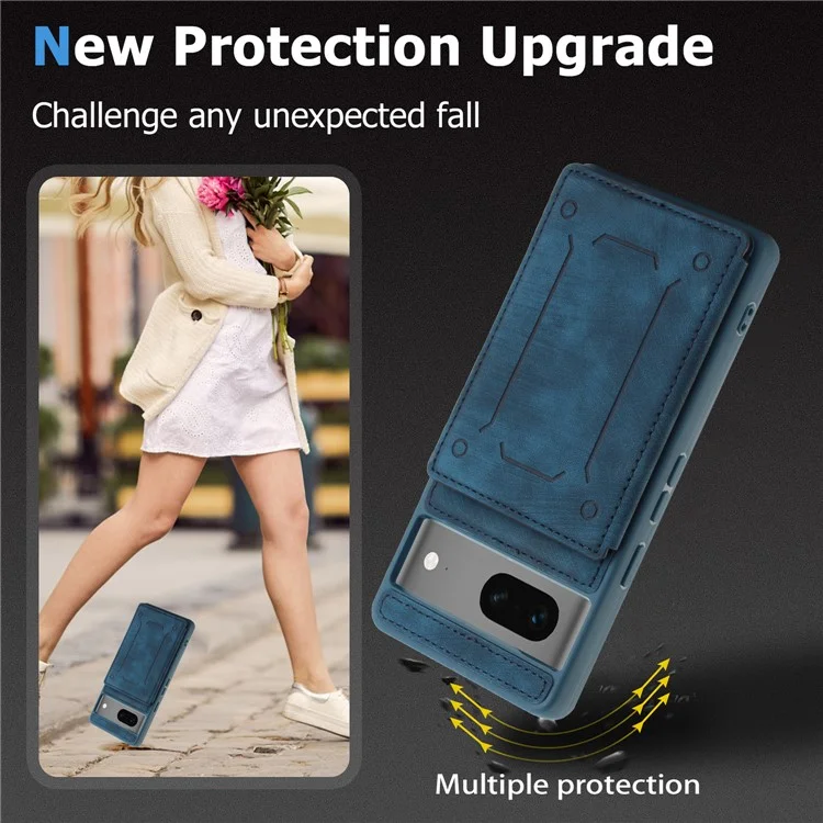 Für Google Pixel 7 5G Doppelkartenhalter PU Lederbeschichtete TPU -telefonhülle Kickstand Magnetic Cover - Blau