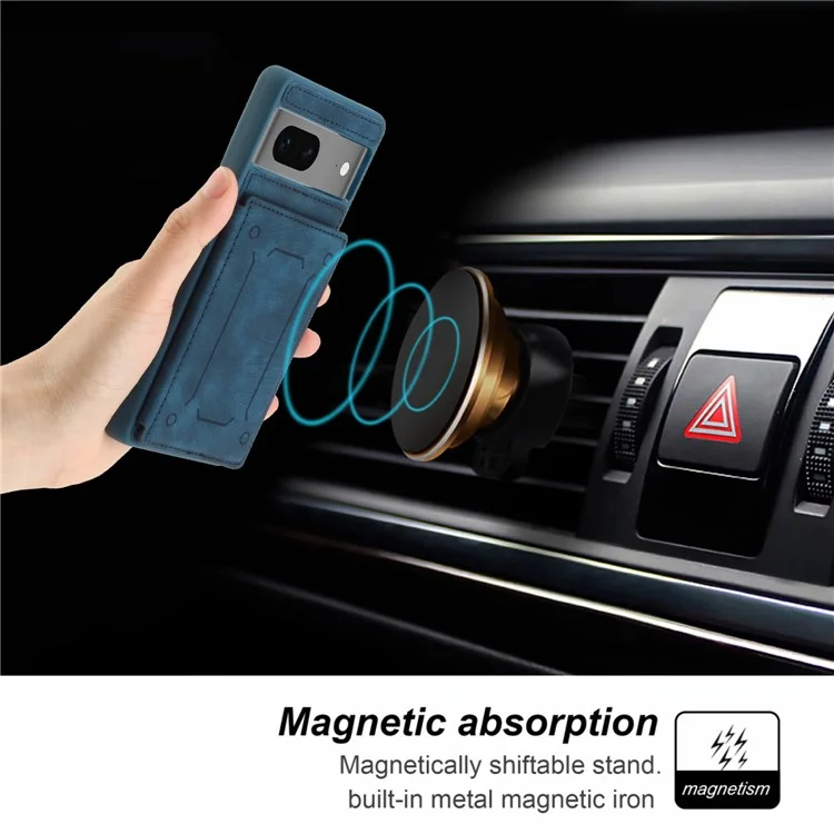 Für Google Pixel 7 5G Doppelkartenhalter PU Lederbeschichtete TPU -telefonhülle Kickstand Magnetic Cover - Blau
