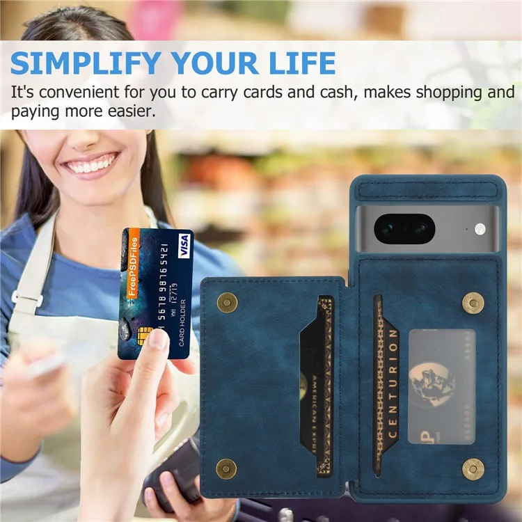 Für Google Pixel 7 5G Doppelkartenhalter PU Lederbeschichtete TPU -telefonhülle Kickstand Magnetic Cover - Blau