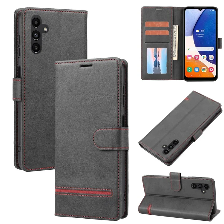 For Samsung Galaxy A14 4G / 5G Horizontal Line Anti-drop Wallet Cover PU Leather Flip Stand Case - Black