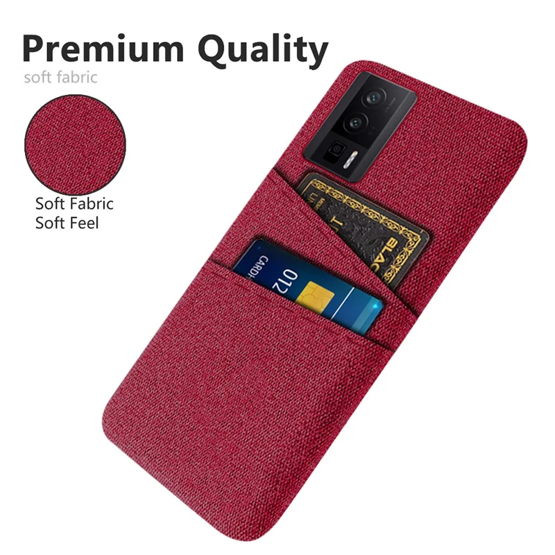For Xiaomi Poco F5 Pro 5G / Redmi K60 Pro 5G / K60 5G Hard PC + Cloth Phone Case Protective Cover with 2 Card Slots - Red