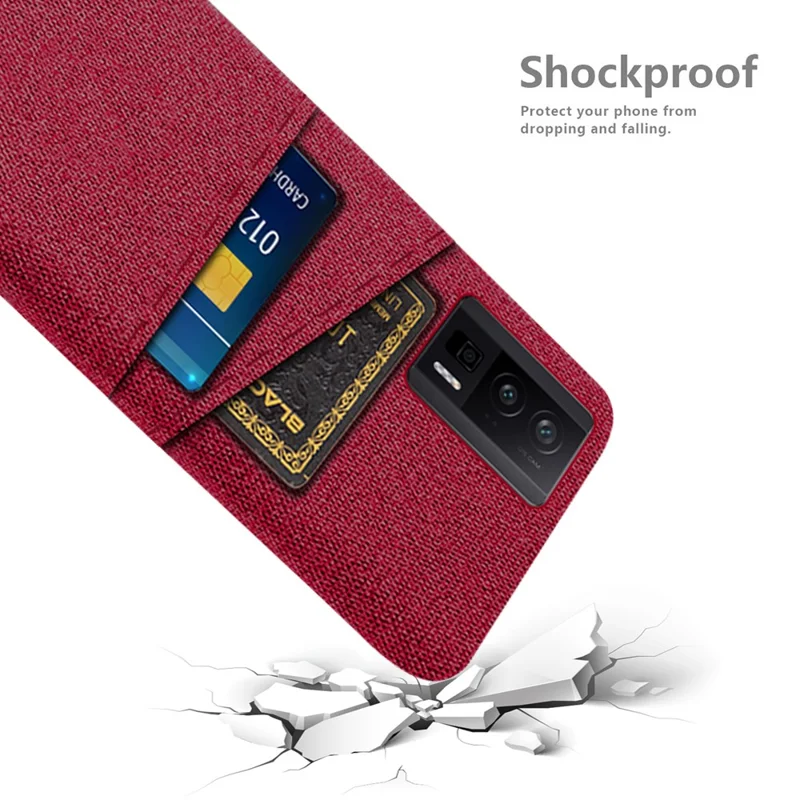 For Xiaomi Poco F5 Pro 5G / Redmi K60 Pro 5G / K60 5G Hard PC + Cloth Phone Case Protective Cover with 2 Card Slots - Red