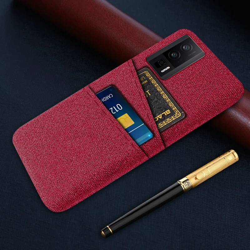 For Xiaomi Poco F5 Pro 5G / Redmi K60 Pro 5G / K60 5G Hard PC + Cloth Phone Case Protective Cover with 2 Card Slots - Red
