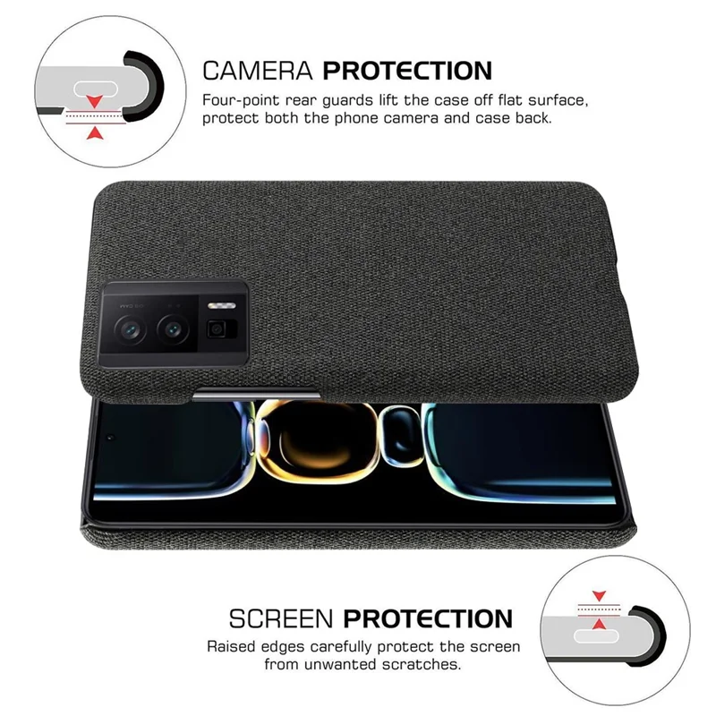 Für Xiaomi Poco F5 Pro 5G / Redmi K60 Pro 5G / K60 5G Handyhülle, einfarbig, stoßfest, Hart-PC + Stoff-Handyhülle - Schwarz
