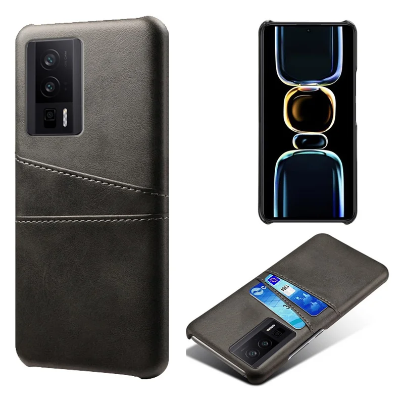 For Xiaomi Poco F5 Pro 5G / Redmi K60 Pro 5G / K60 5G PU Leather + Hard PC Phone Case Dual Card Holder Ultra Thin Protective Shell Cover - Black