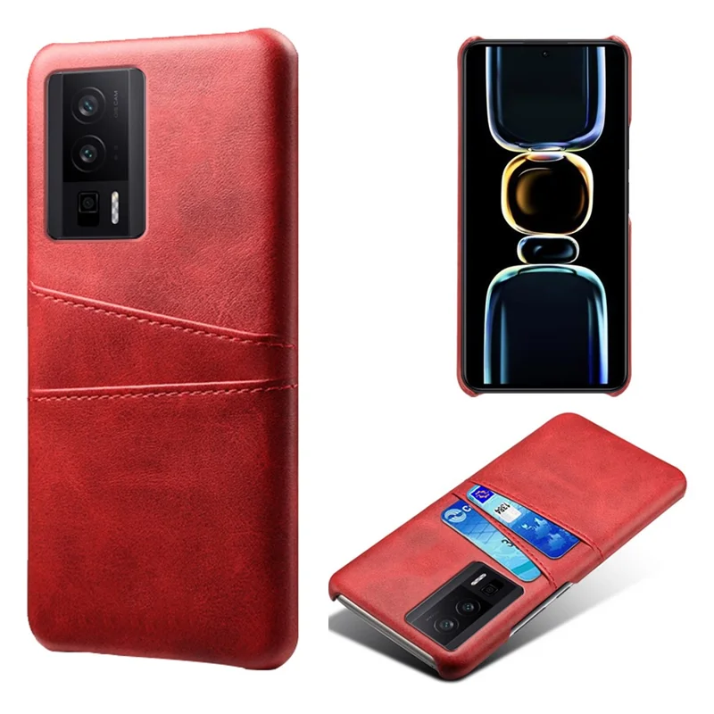 For Xiaomi Poco F5 Pro 5G / Redmi K60 Pro 5G / K60 5G PU Leather + Hard PC Phone Case Dual Card Holder Ultra Thin Protective Shell Cover - Red