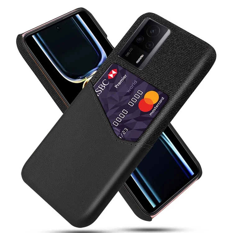 For Xiaomi Redmi K60E 5G Cloth Texture Phone Case with Card Holder Slim Fit PU Leather Coated PC Back Cover - Black