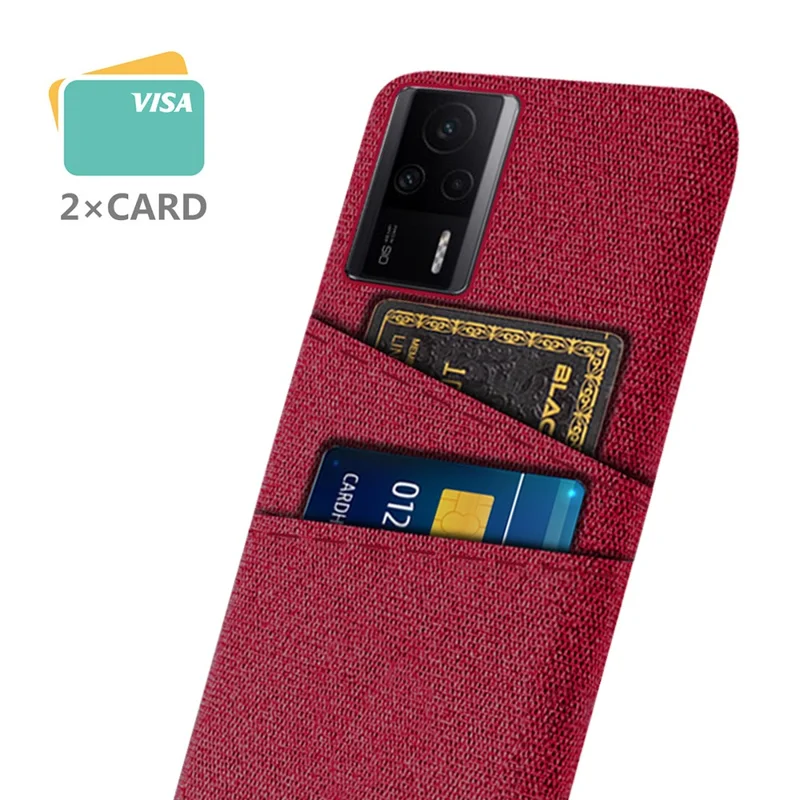 For Xiaomi Redmi K60E 5G Hard PC + Cloth Phone Case Shockproof Non-Slip Protective Cover with 2 Card Slots - Red