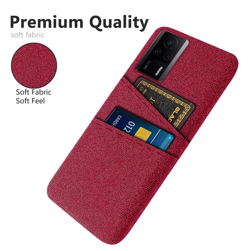 For Xiaomi Redmi K60E 5G Hard PC + Cloth Phone Case Shockproof Non-Slip Protective Cover with 2 Card Slots - Red