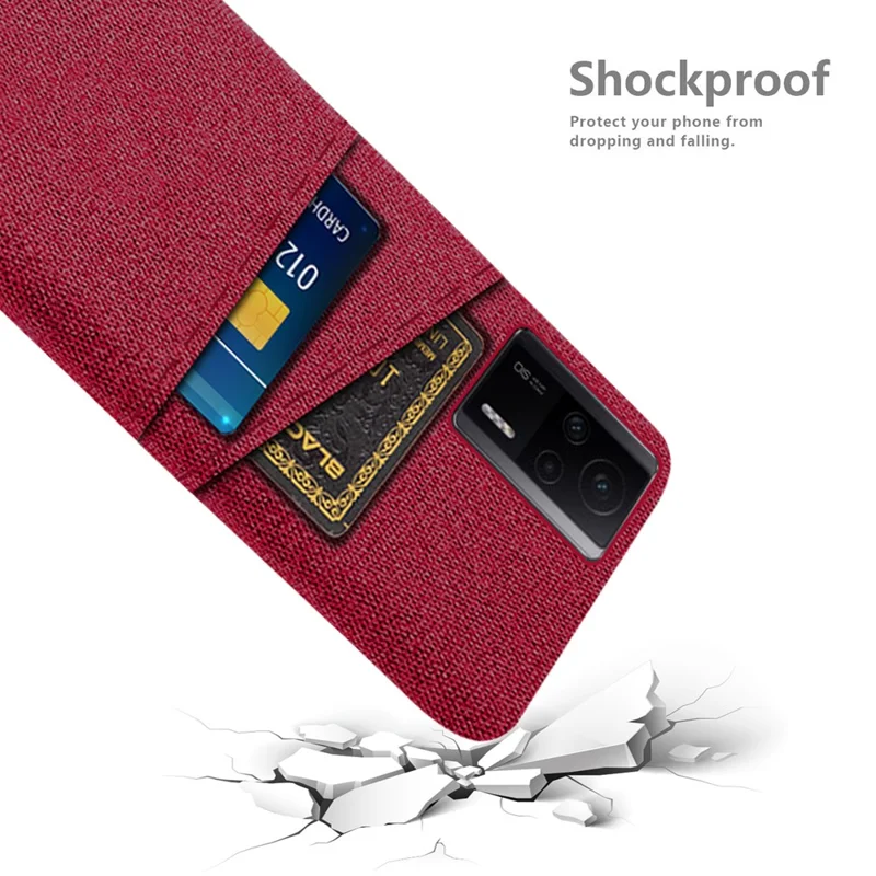 For Xiaomi Redmi K60E 5G Hard PC + Cloth Phone Case Shockproof Non-Slip Protective Cover with 2 Card Slots - Red