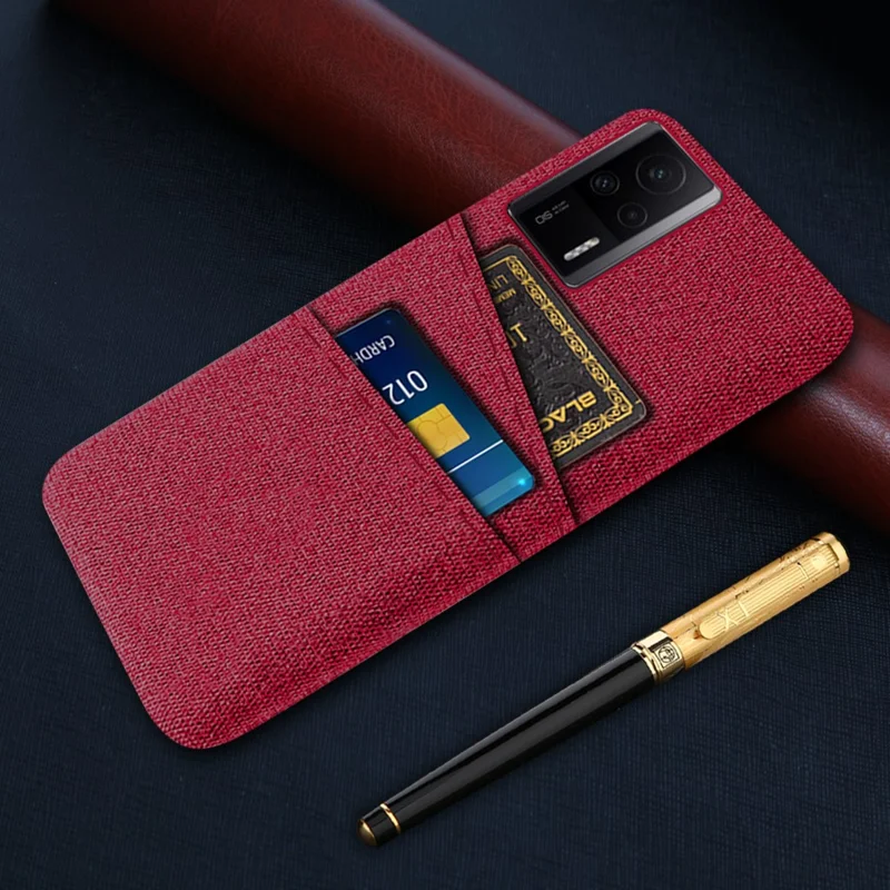 For Xiaomi Redmi K60E 5G Hard PC + Cloth Phone Case Shockproof Non-Slip Protective Cover with 2 Card Slots - Red
