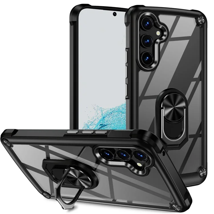 Para Samsung Galaxy A34 5G Alloy Lens Frame Phone Case PC + TPU Anti-drop Cover with Ring Kickstand - Black