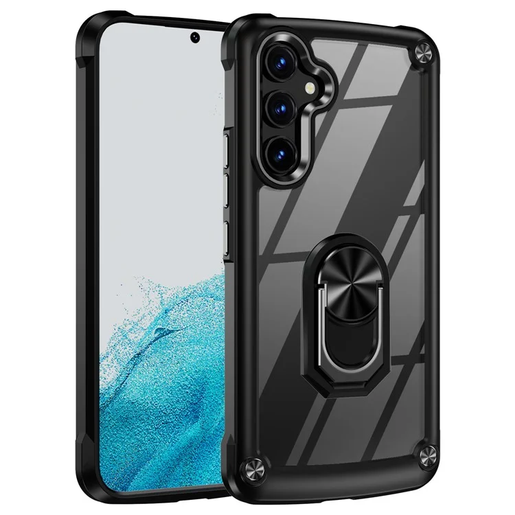 Para Samsung Galaxy A34 5G Alloy Lens Frame Phone Case PC + TPU Anti-drop Cover with Ring Kickstand - Black
