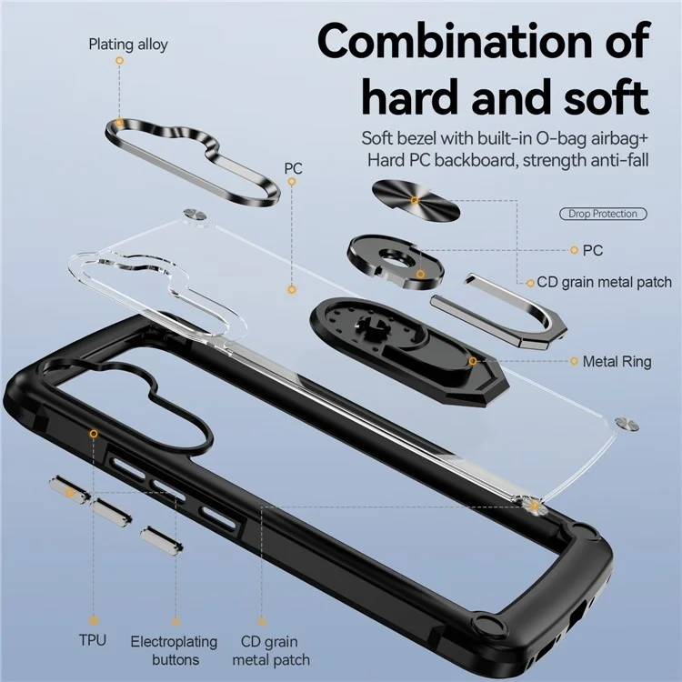 Para Samsung Galaxy A34 5G Alloy Lens Frame Phone Case PC + TPU Anti-drop Cover with Ring Kickstand - Black