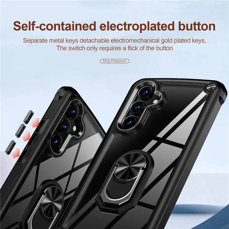Para Samsung Galaxy A34 5G Alloy Lens Frame Phone Case PC + TPU Anti-drop Cover with Ring Kickstand - Black