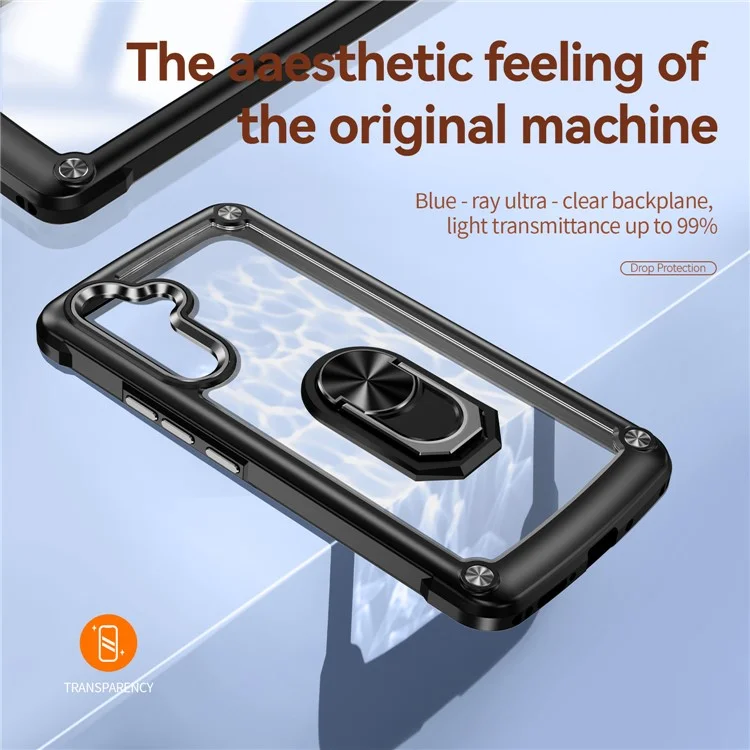 Para Samsung Galaxy A34 5G Alloy Lens Frame Phone Case PC + TPU Anti-drop Cover with Ring Kickstand - Black