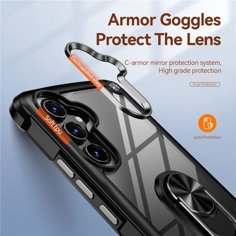 Para Samsung Galaxy A34 5G Alloy Lens Frame Phone Case PC + TPU Anti-drop Cover with Ring Kickstand - Black