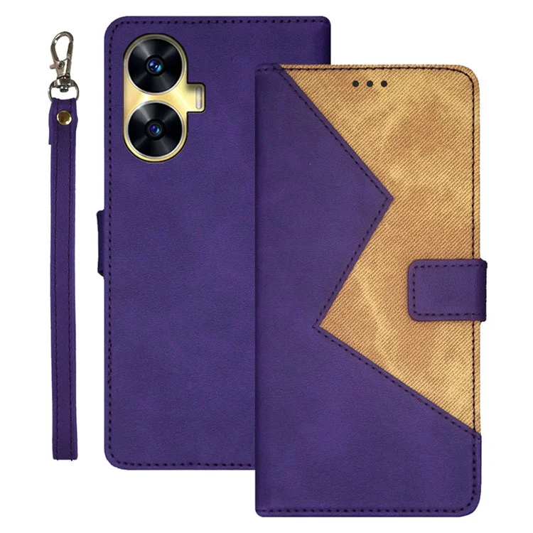 IDEWEI Para Funda de Teléfono de Realme C55 Color Splicing Leather Stand Card Slot Phone Case con Correa para la Muñeca - Púrpura